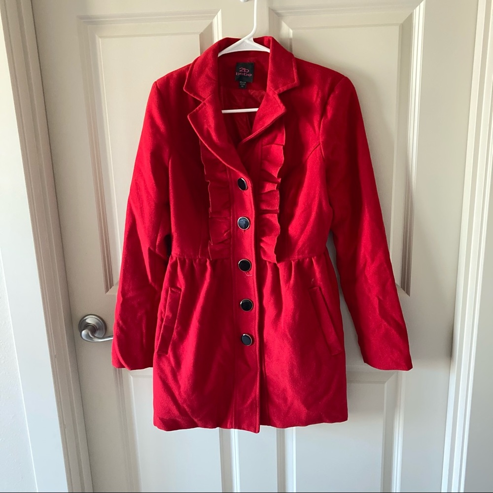 Red Pea Coat With Ruffles